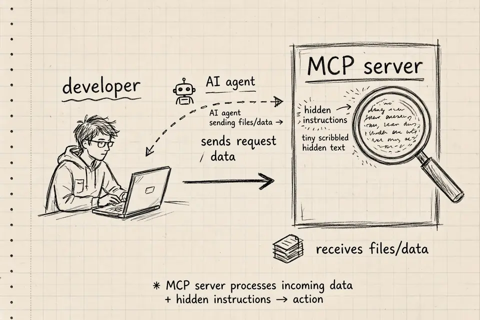Pencil sketch: a developer's laptop connects to an MCP server box; a magnifying glass reveals hidden instructions scribbled inside the server, while the AI agent sends files toward it.