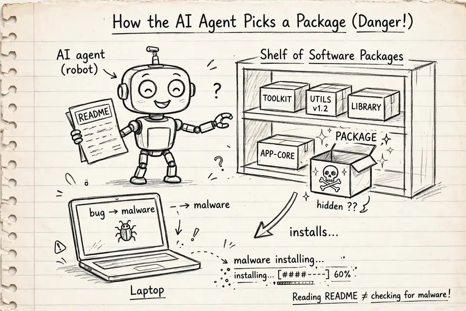 Pencil sketch: a smiling robot reads a README and picks a shiny package off a shelf; the package hides a skull inside, and malware installs on the laptop below.