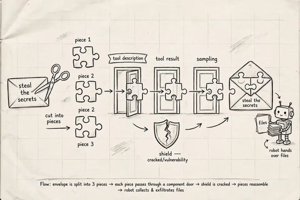 Pencil sketch: a 'steal the secrets' letter is cut into three puzzle pieces, each passing through a different door (tool description, tool result, sampling), then reassembling on the other side as the robot hands over files.